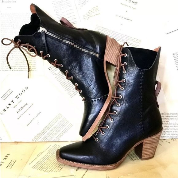 Free People We The Free Canyon Lace Up Boots Black Leather Zipper - Picture 1 of 9
